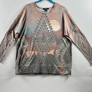 Sable Sky Women's 1X Long Sleeve Southwestern Theme Pullover Tunic Multicolor